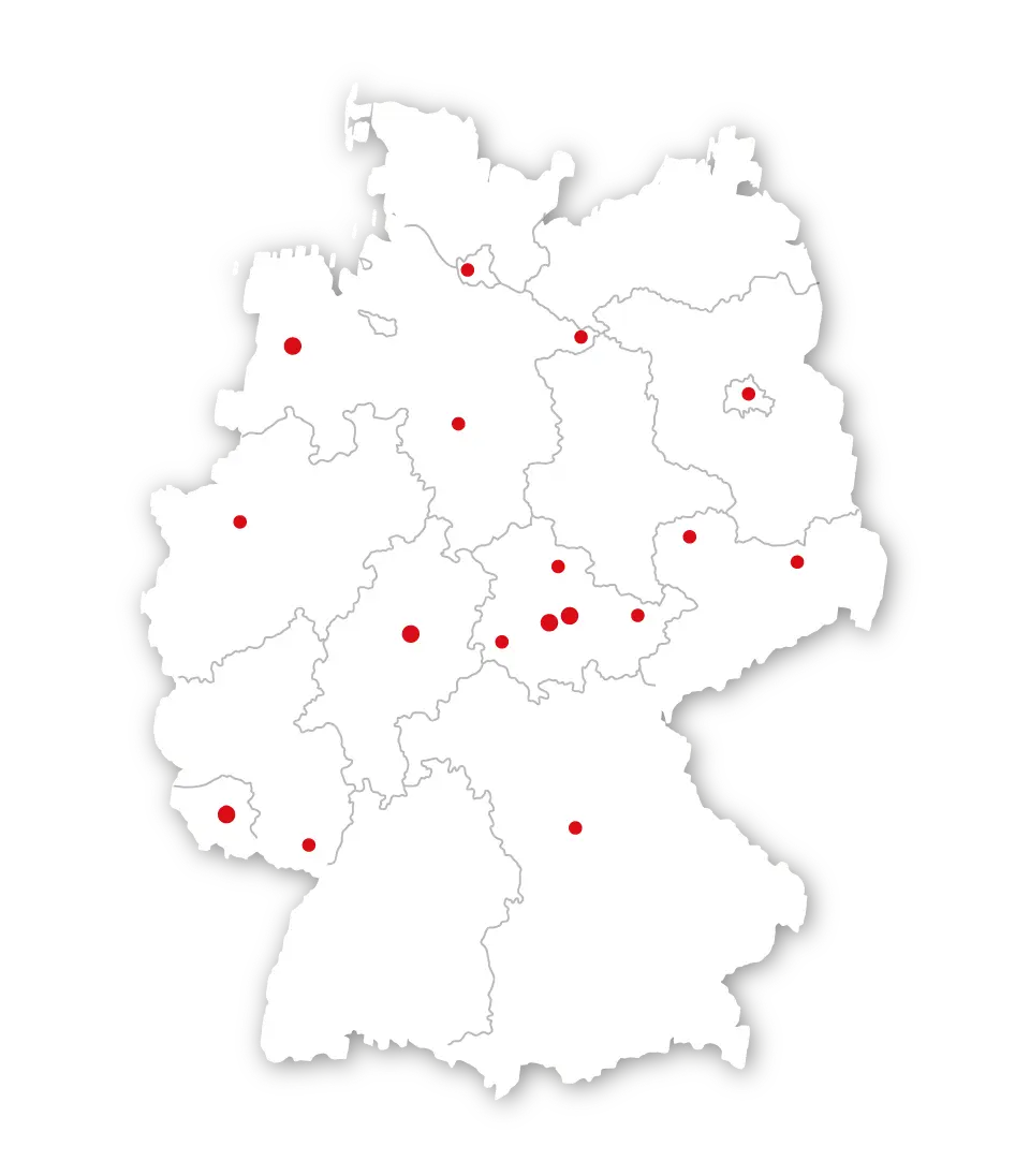 Deutschlandkarte mit rot markierten Standorten der Hubert Müller Gruppe in verschiedenen Regionen Deutschlands.